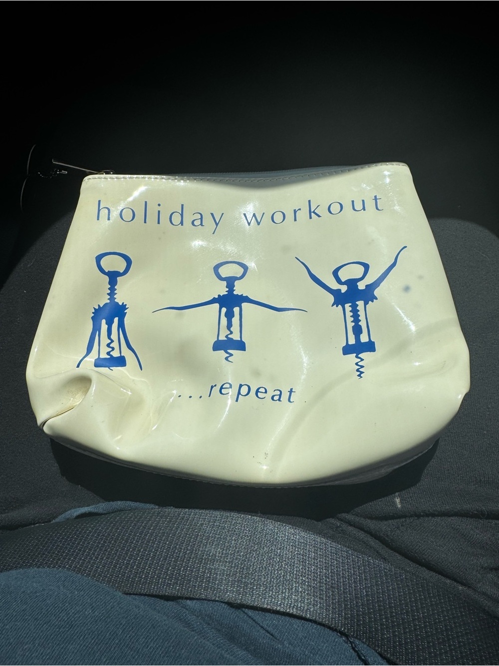 Holiday Workout Repeat Cosmetic Pouch - Cream with Blue Print